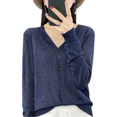 Women V-neck Knitted Linen Cardigan Blue 2023