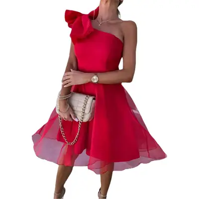 2025 Red One-shoulder Sleeveless Mesh Dress with Large Swing Skirt