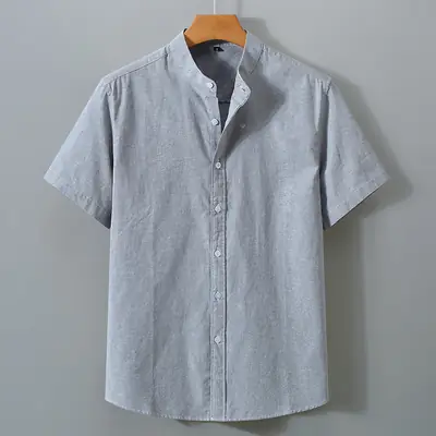 Men Navy Cotton Short Sleeve Button Shirt