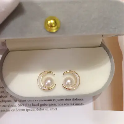Crescent Pearl Earrings for Women 18K Gold Light