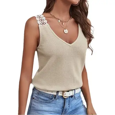Women's Black Lace V-Neck Vest Top with Waffle Stitching