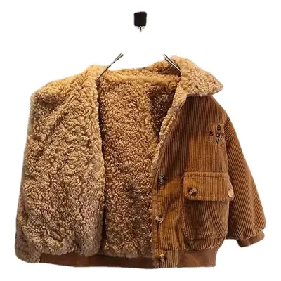 Boys' Green Corduroy Winter Jacket with Fleece Hood