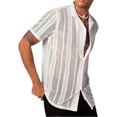 Men Button Knitted Shirts Black Short Sleeve