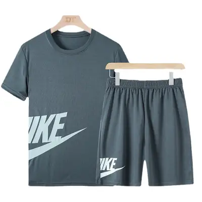 Men Blue Printed Shorts & T-Shirt Set Summer Casual