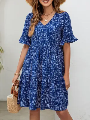 Blue Printed V Neck Trumpet Sleeve Casual Dress
