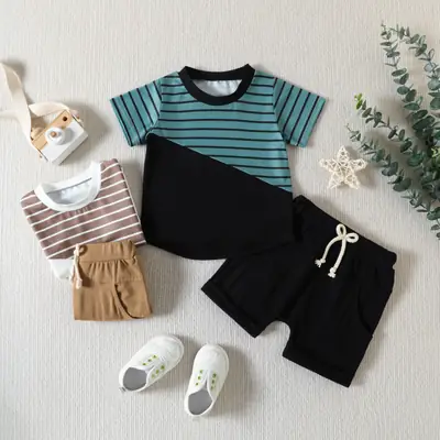 2023 Summer Baby Men Striped Shorts T-Shirt Set
