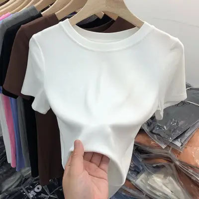 Women's Slim Fit Beige T-Shirt Round Neck 2025