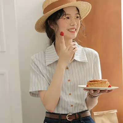 Women 2024 Striped Lapel Shirt with Straw Hat