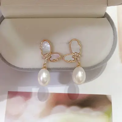 18K Gold Pearl Butterfly Earrings for Women