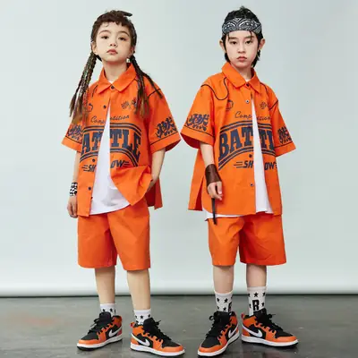 Orange Hip-Hop Kids Shirt Set with Shorts & Sneakers
