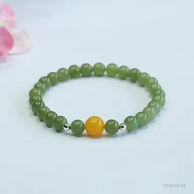 Guan Yu Jade Clear Water Bracelet with Amber Accent