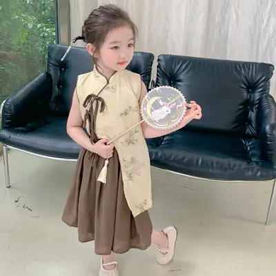 Girls Cheongsam Set Summer 2025 New Hanfu Skirt Brown