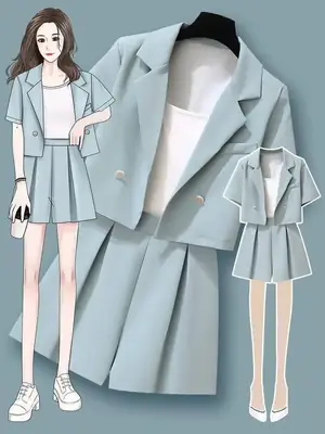 Small Blue Two-Piece Summer Suit Jacket Shorts Set