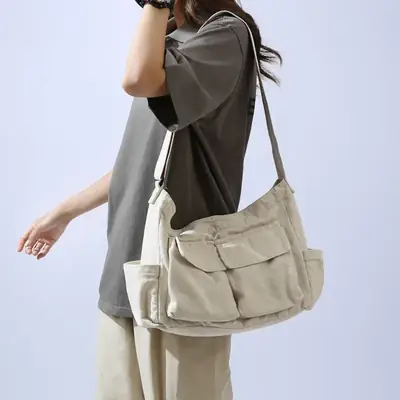 Men's Olive Canvas Shoulder Messenger Bag Large Capacity