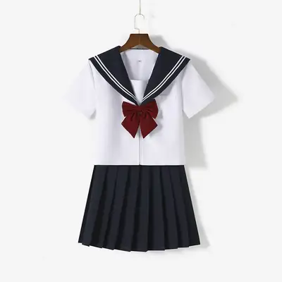 Japanese JK Uniform Sailor Shirt with Bow Collar White Blue