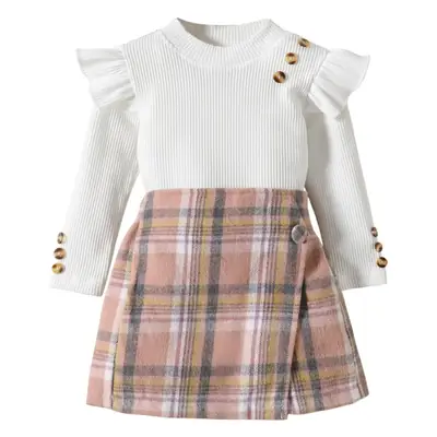 Girls Plaid Skirt Set Red Long Sleeve Winter
