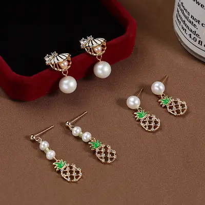 Pineapple Pearl Earrings Copper Plated Real Gold S925