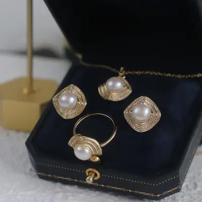 Freshwater Pearl Three-Piece Earrings Set Gold Plated