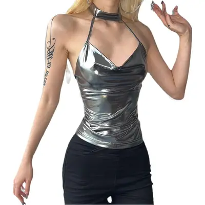 Silver Halter Vest & High Waist Pants Set for Women