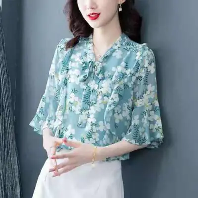 Women Floral Chiffon Shirt 2023 Summer Trumpet Sleeve