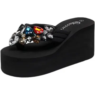 New Thick-soled Flip-flops Women's Summer Outer Wear Rhinestone Non-slip High Heel Flip-flops Women's Beach Wedge Slippers
