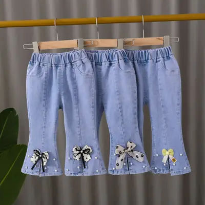 Girls Korean Style Blue Denim Jeans with Bow Embroidery