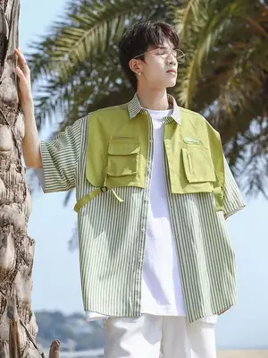 Men Green Striped Fake Two-Piece Short Sleeve Shirt