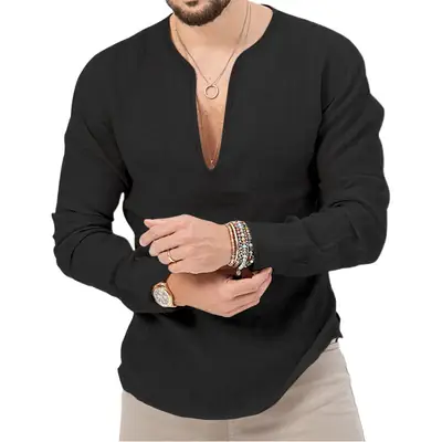 Men's Blue Long Sleeve V-Neck T-Shirt Large