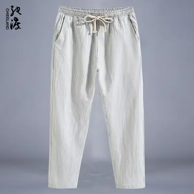 Men Cotton Linen Straight Leg Pants Navy Blue Plus Size