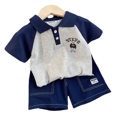 Summer Boys Polo Shirt Shorts Set Blue Grey 2026