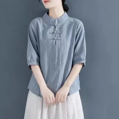 Women Cotton Linen T-Shirt White Three Quarter Sleeve Literary Style