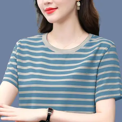 Pure Cotton Striped T-Shirt Blue Light Green Large