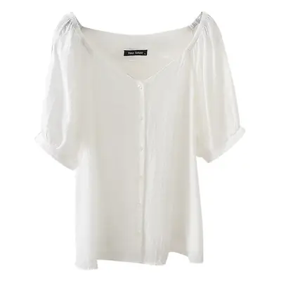White V-Neck Short Sleeve Women's Shirt Plus Size