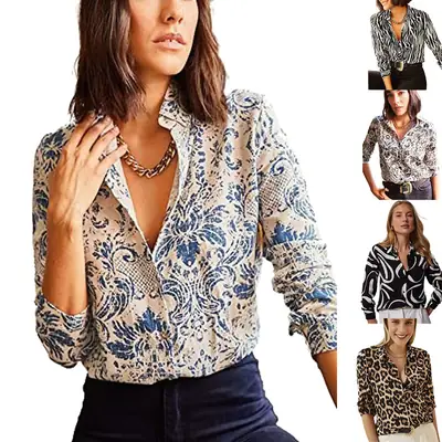 2025 Women's Long Sleeve Button-Up Shirt with Elegant Print