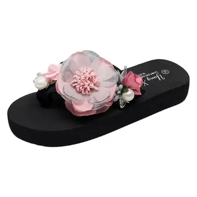Rhinestone Slippers Women's Summer Outer Wear Clip-toe High Heel Flip-flops Fashionable Wedge Clip-toe Beach Seaside Flower Sandals