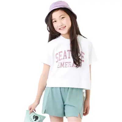 2023 Summer Girl's Grey Seattle Letter T-Shirt Shorts Set
