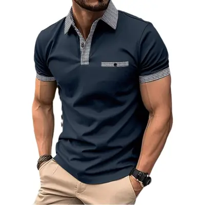 Men's Black Polo Shirt with Plaid Trim No Ironing