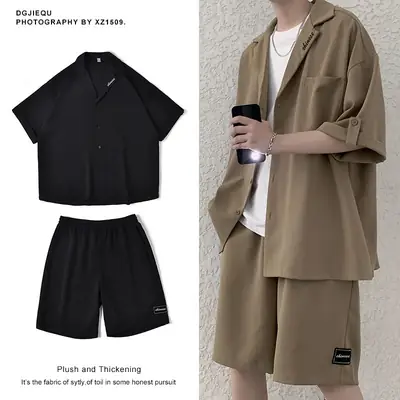 Men Black Short Sleeve Suit Shirt Shorts Set