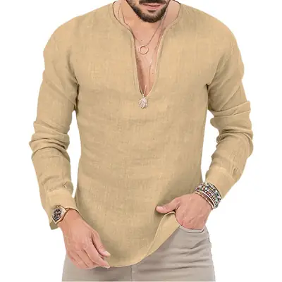 Men's Light Blue Henkel Hemp Long Sleeve T-Shirt Deep V-Neck