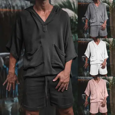Men's 2023 Cotton Linen Loose Suit Maroon Shorts Set