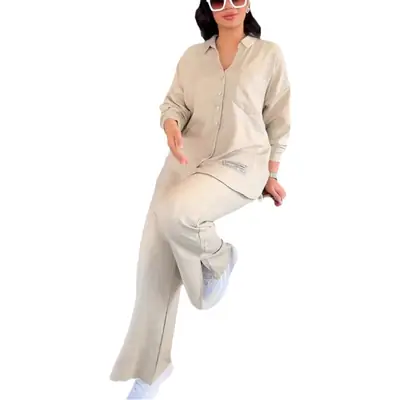 European American Plus Size Blue Wrinkle Long Sleeve Pants Set