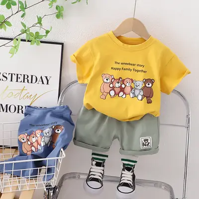 Children Blue T-Shirt & Green Shorts Set with Bear Print