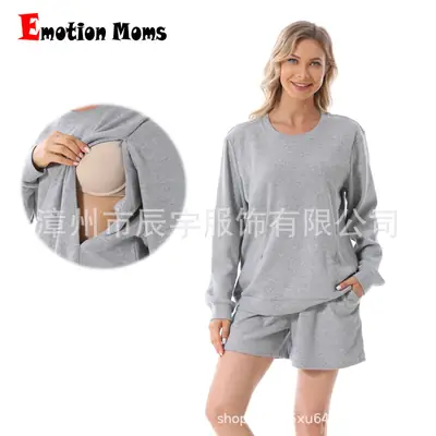 Pregnant Women Waffle Pants Set Grey Loose Casual Two Piece