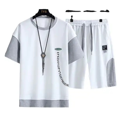 Men's Grey White T-Shirt Shorts Set Casual Summer Wear