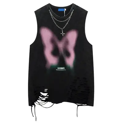 Men Sleeveless Butterfly T-Shirt Grey Cut Ripped Hole Belt Chain