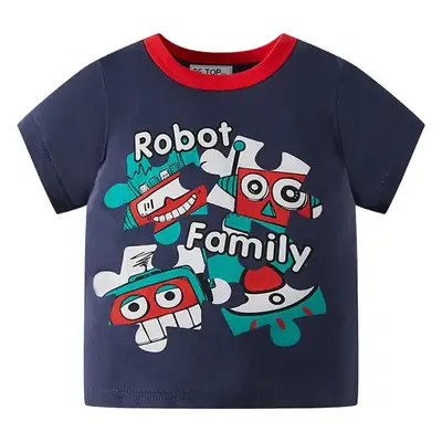 2023 Kids T-Shirt Yellow Cartoon Robot Family Half Sleeve Cotton