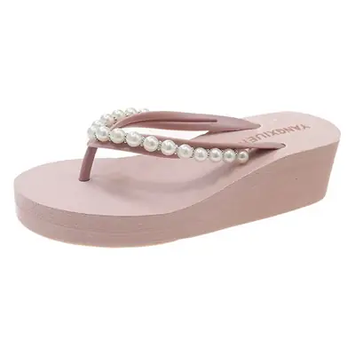 2026 New Summer Style Pearl Flip-Flops for Women to Wear Outside, Beach Casual Vacation Wedge-Heeled Platform Sandals with Thick Soles and Flip-Flops