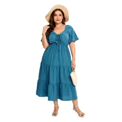 Black V-Neck High Waist Long Sleeve Dress Large