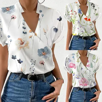 Women's Printed V-Neck Shirt with Floral Design