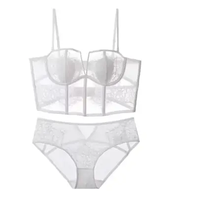 White Lace Push Up Bra Set with Fishbone Design